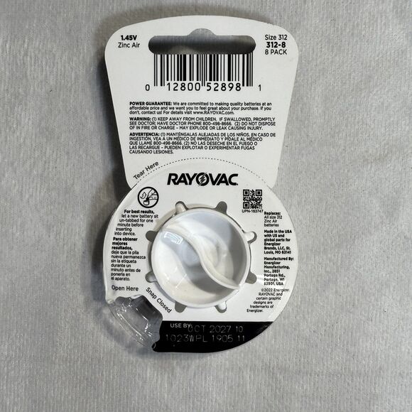 RAYOVAC (8-Pack) Sz 312 Made in USA (8) Hearing Aid Batteries NEW - Picture 5 of 8